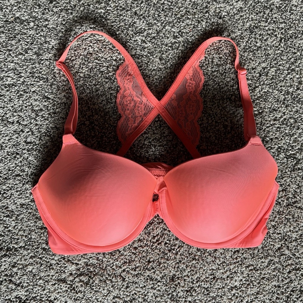 Victoria Secret Demi Neon‎ Orange - Pink Lace Racerback Underwire Bra Sz 34D